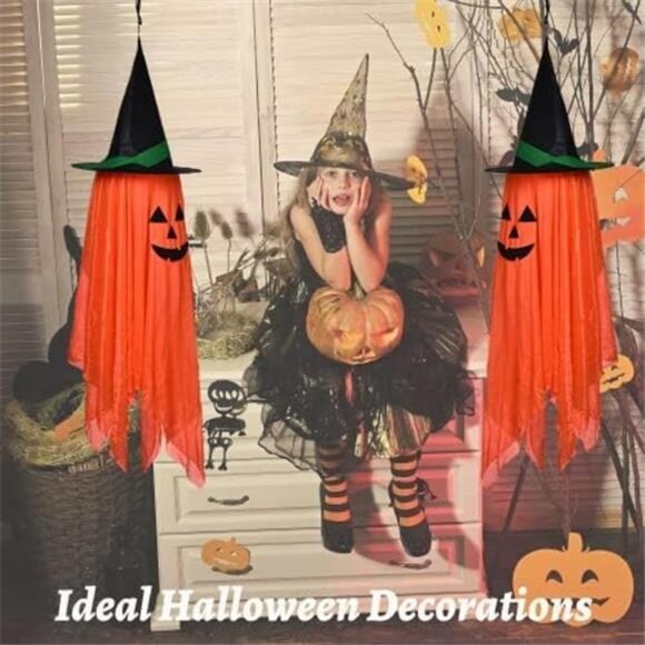 Halloween Decor, 2 Pack Orange Pumpkin Wizard Hat Pre-Installed Pumpkin Ghost - Picture 6 of 8